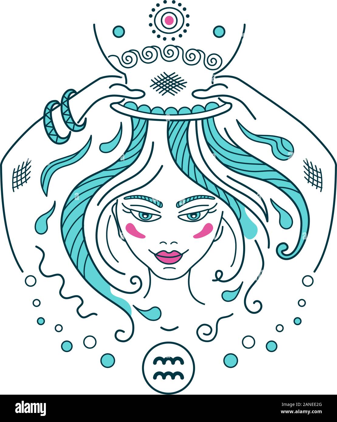 Aquarius-Sternbild Tierkreiszeichen Illustration, Fantasy-Schmuck im Feenstil. Mädchen oder Frauen duschen aus einem Topf und waschen lange Haare. Shampoo l Stock Vektor