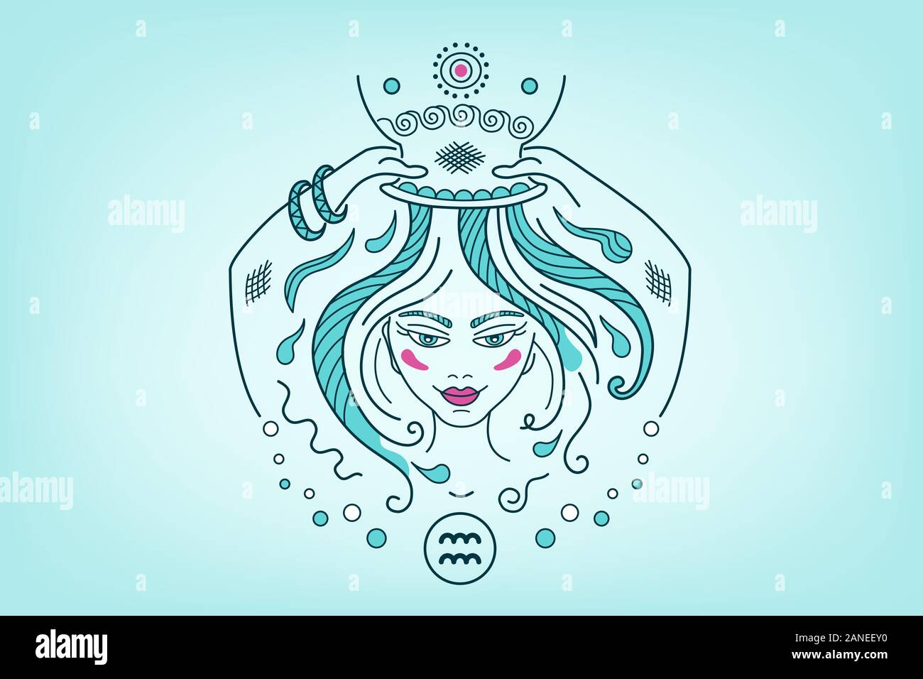 Aquarius-Sternbild Tierkreiszeichen Illustration, Fantasy-Schmuck im Feenstil. Mädchen oder Frauen duschen aus einem Topf und waschen lange Haare. Shampoo l Stock Vektor