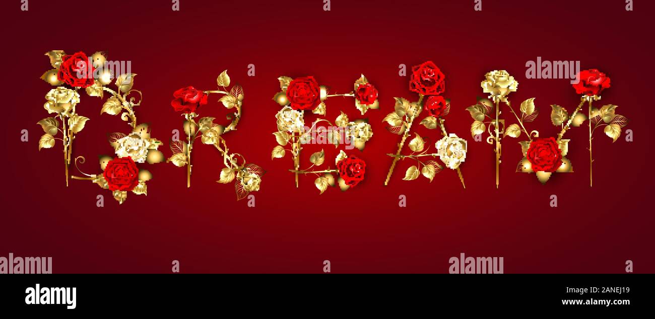 Kreative Inschrift Traum von Schmuck, Gold- und roten Rosen mit goldenen gerade auf Rot strukturierten Hintergrund stammt. Stock Vektor