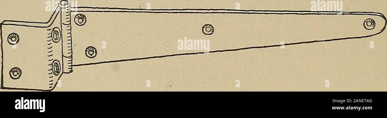 Die Hardware des Builder; ein Handbuch für Architekten, Bauherren und House furnishers. Abb. 65. T - Scharnier. dieselbe Art von feste Verbindung, die für die Abbildung 63 beschrieben wurde. Diese Form der Scharnier kann nur dann eingesetzt werden, wenn es gibt viel ofroom sowohl auf der Tür und auf dem Pfosten für die Befestigung der Blätter Strap-biuges 50 BAUHERREN HARDWARE. Kapitel V der Scharniere. Wenn die Breite auf dem Pfosten ist eingeschränkt, wie es häufig der Fall ist, eine T-Scharnier, Abbildung 65, verwendet. In einigen casesit ist notwendig, um die feste Platte verbogen zu haben, eine Form bekannt asder Brust - Scharnier wird dann verwendet, Abbildung 66. Letztere costsconsiderably mehr als die com Stockfoto