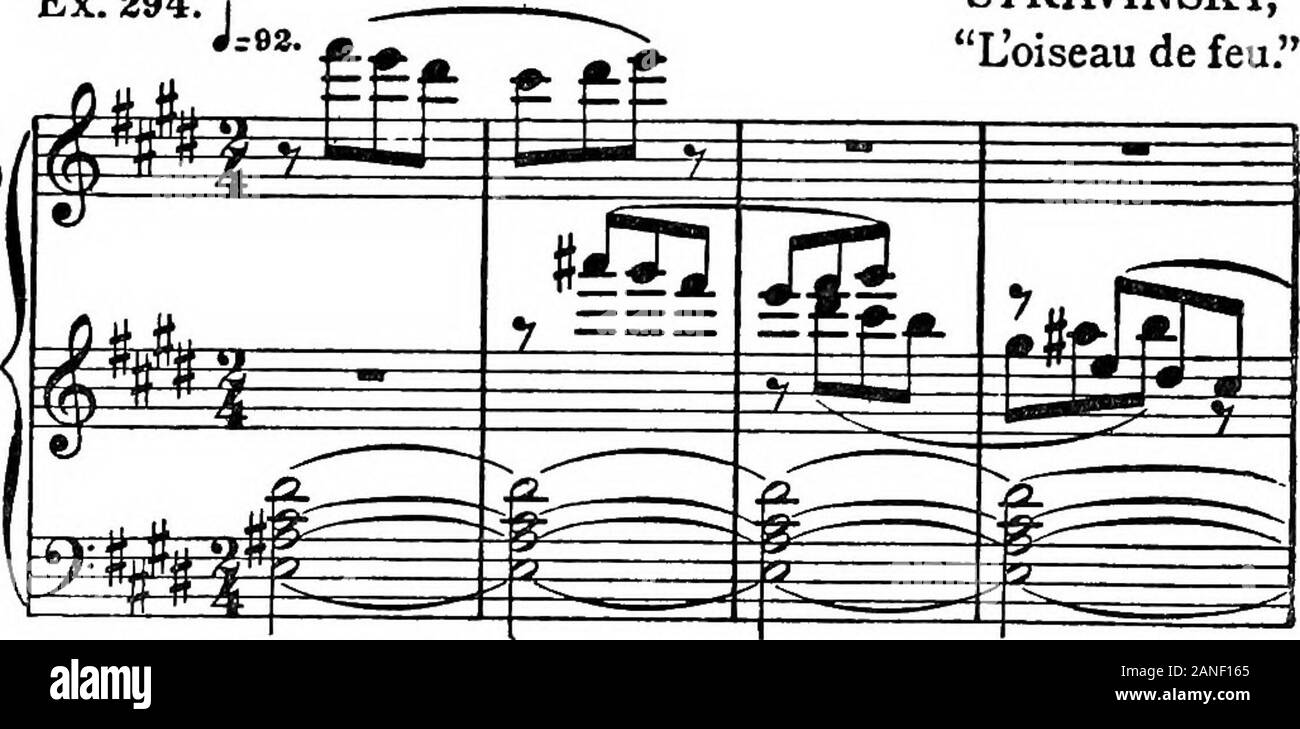 Moderne Harmonie, seine Erklärung und Anwendung. Ex. 294. Stück, (klingende 8 X "^F1. I. II. Str. Strawinsky, Loiseau de Feu.. Im Beispiel 295, auch der Verstand ist horizontal Zuhören und den momentanen Auseinandersetzungen werden überhaupt nicht bemerkt. Thecompletely ähnliche Bewegung im Beispiel 296 wird als interestingas es ungewöhnlich ist. Wir haben ein paar Fünftel am Anfang whichare Ambi-Konsonanten, der Sprung von der Dritten, andare daher immer akzeptabel. Nach dieser, der intervalsvary kontinuierlich, der Abstand größer und breiter, unddas ganze Passage uns der letzte Tonic trägt, in adelicious nach unten Stockfoto