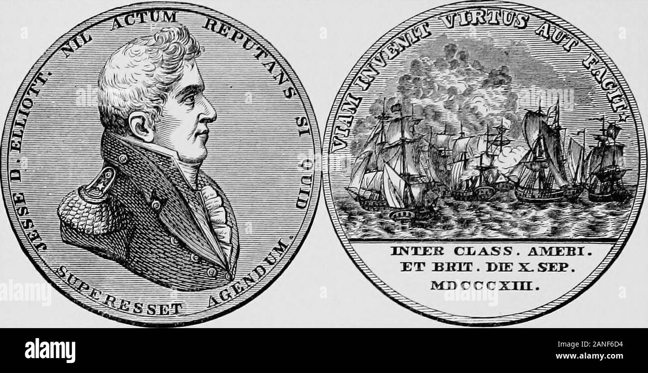 Harper's Lexikon der Vereinigten Staaten Geschichte von 458 A. Dto 1906, nach dem Plan der Benson John De Lossing" basiert. . JhSJ^K DUNCAN KLLIOTT. April, 1804; und stieg auf Master, Juli 24,1813. Er wurde mit Barron in Tripolis - tan-Krieg, und diente auf den Seen withChauncey und Perry im Krieg von 1812-15. Er zwei britische Schiffe, De-Troit und Caledonia, am Fort Erie, forwhich ausgenutzt wurde er von Con-gress mit einem Schwert. Er war in der Niagara commandof in Perrys berühmte combaton See Erie, zu der die Commodore 219 ELLIOTT - Ellis. Die Elliott Medaille. ging vom Lawrence während der AC-t Stockfoto