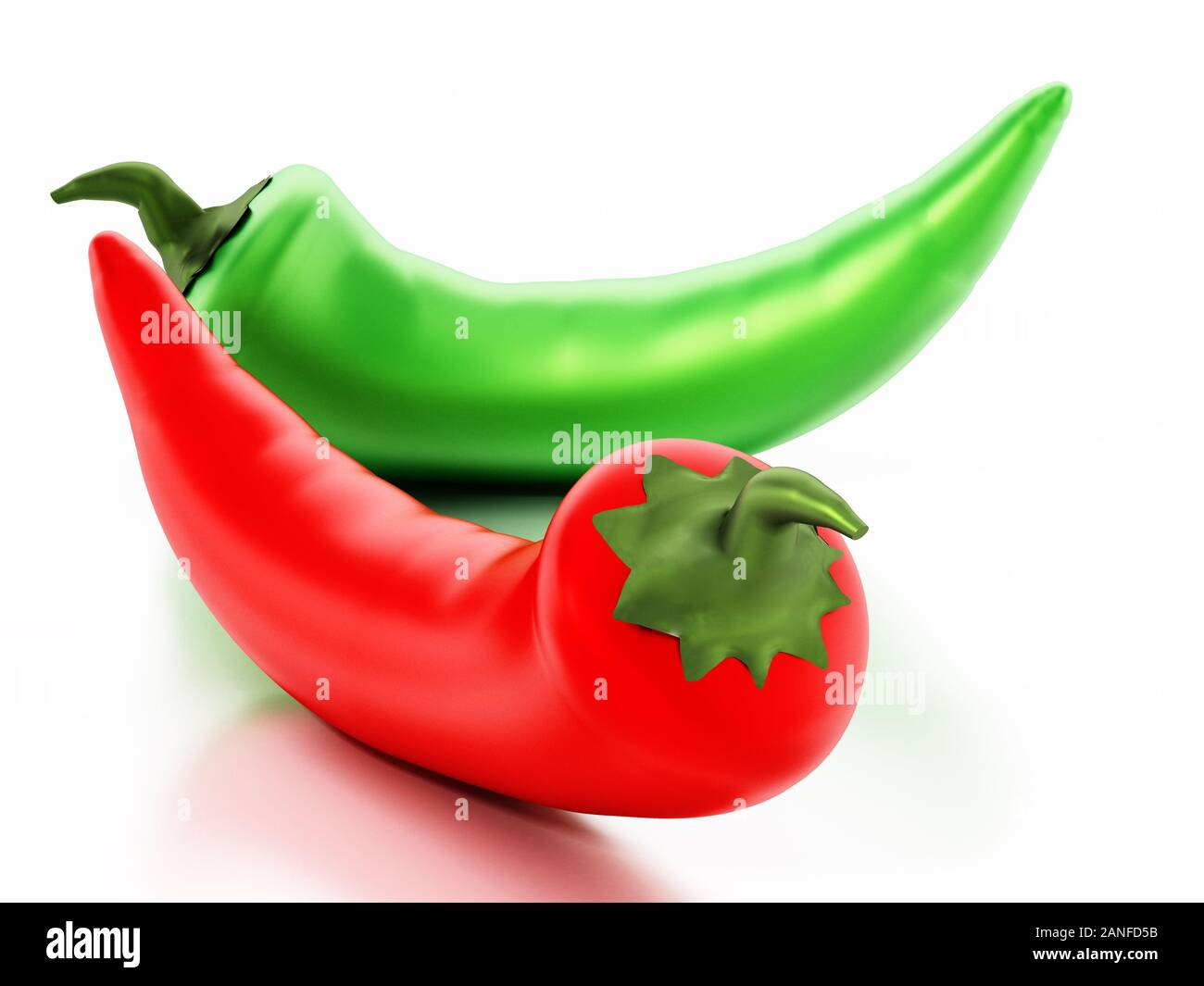 Rote und grüne Pfeffer auf weißem Hintergrund. 3D-Darstellung. Stockfoto