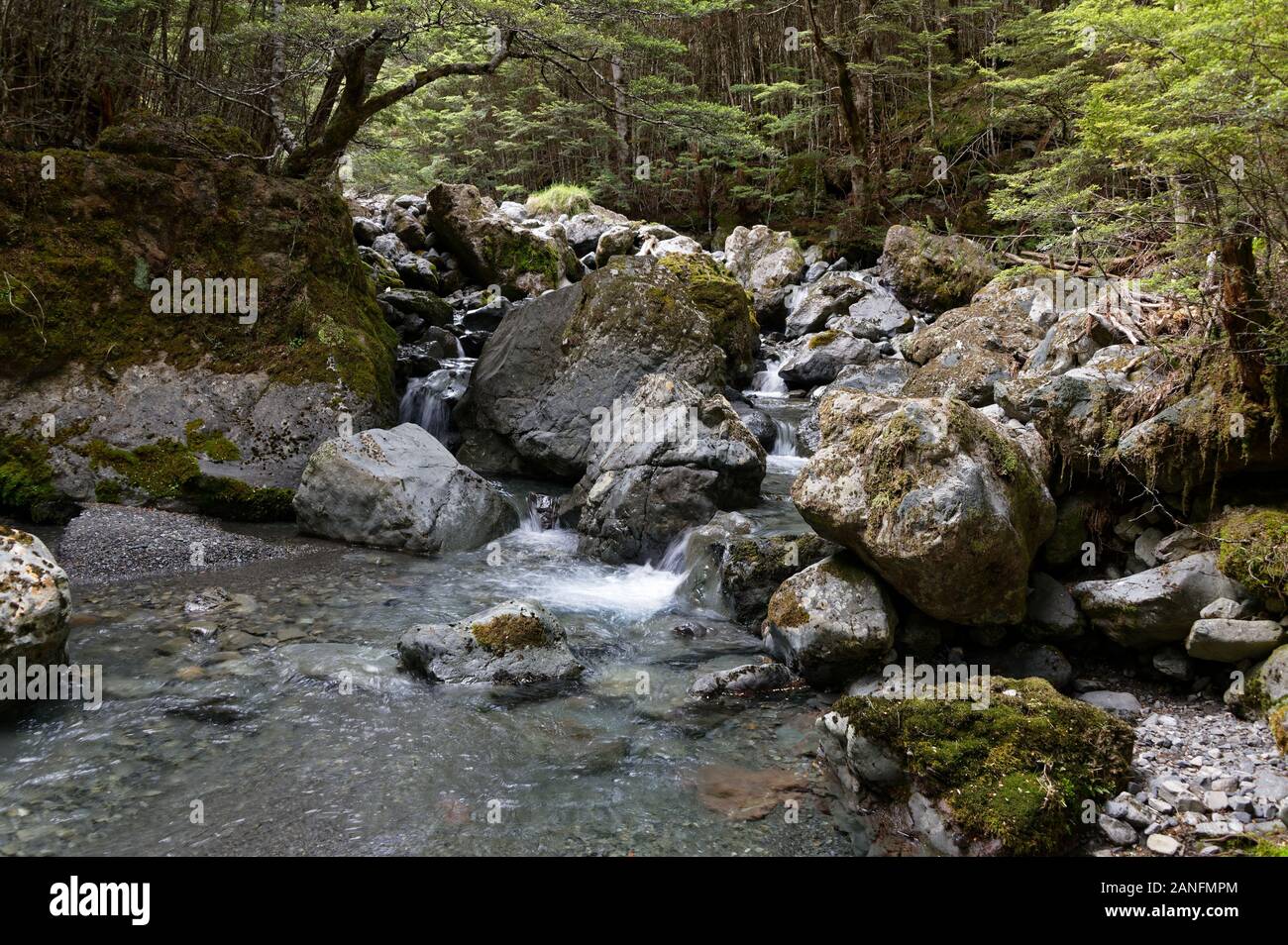 Große Felsbrocken sind Teil eines Flusses in Neuseeland Stockfoto