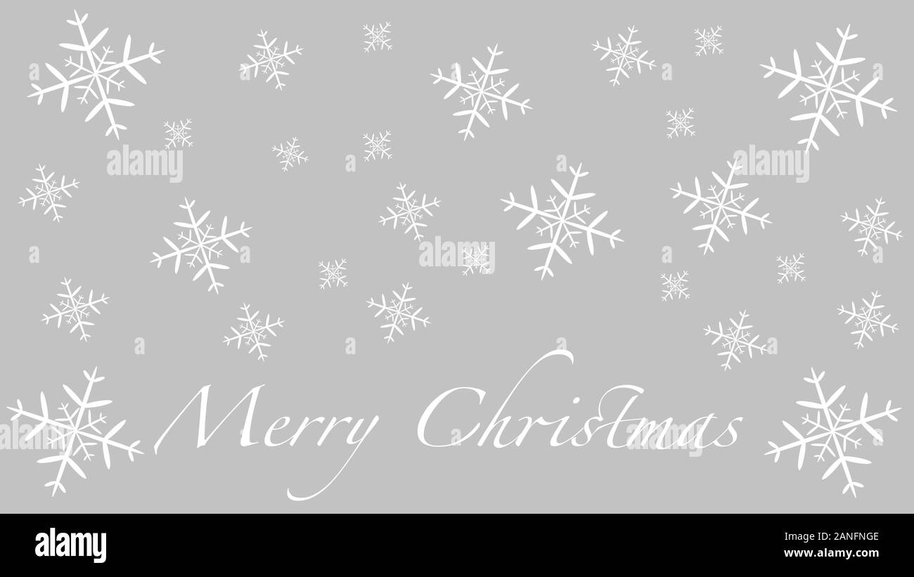 Frohe Weihnachten Grußkarte Design auf einem grauen Hintergrund mit Schneeflocken Stockfoto