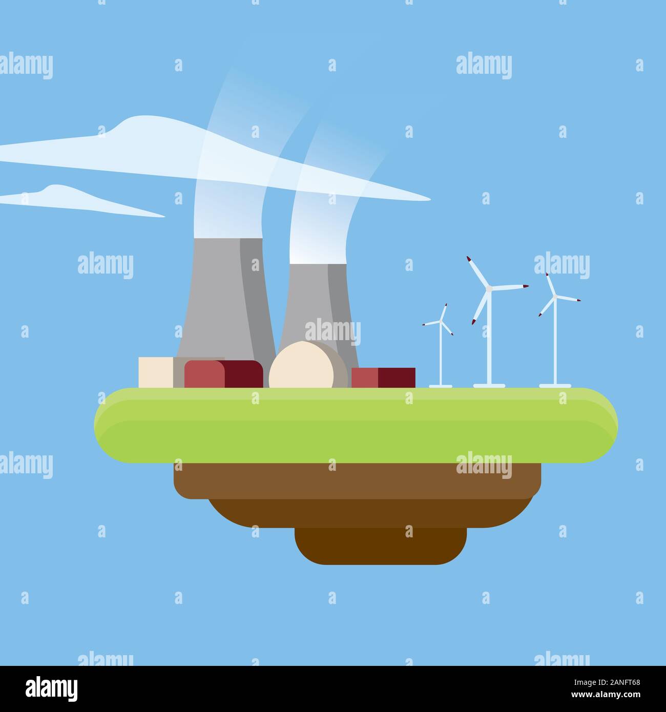 Quellen für die Generierung von Energie oder Kraft. Atomkraftwerk und Windenergieanlagen. Stock Vektor