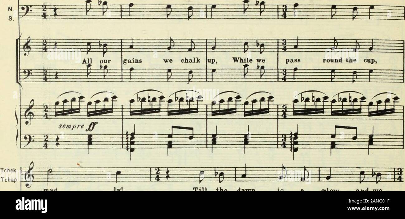 Die Pik Dame: eine Oper in drei Akten und sieben Szenen. 263? Ich. ? ? •? N Tchek. : Tchap. #^TTJ) JU* i J I i m* * Alle unsere Gewinne wir verbuchen, während wir um den Cup, J?*,-",^-ft b&lt;. verrückt. S £ ¥ t = £ bis zum Morgengrauen ist ein. Glühen und wir Hn i^II B^p J&gt; Ji IJ Pf^ Mad 4 1,! ^ Bis zum J*-Dawn" f-p Ich fließen und wir l £ £ 3 Tchap Tchek. Stockfoto