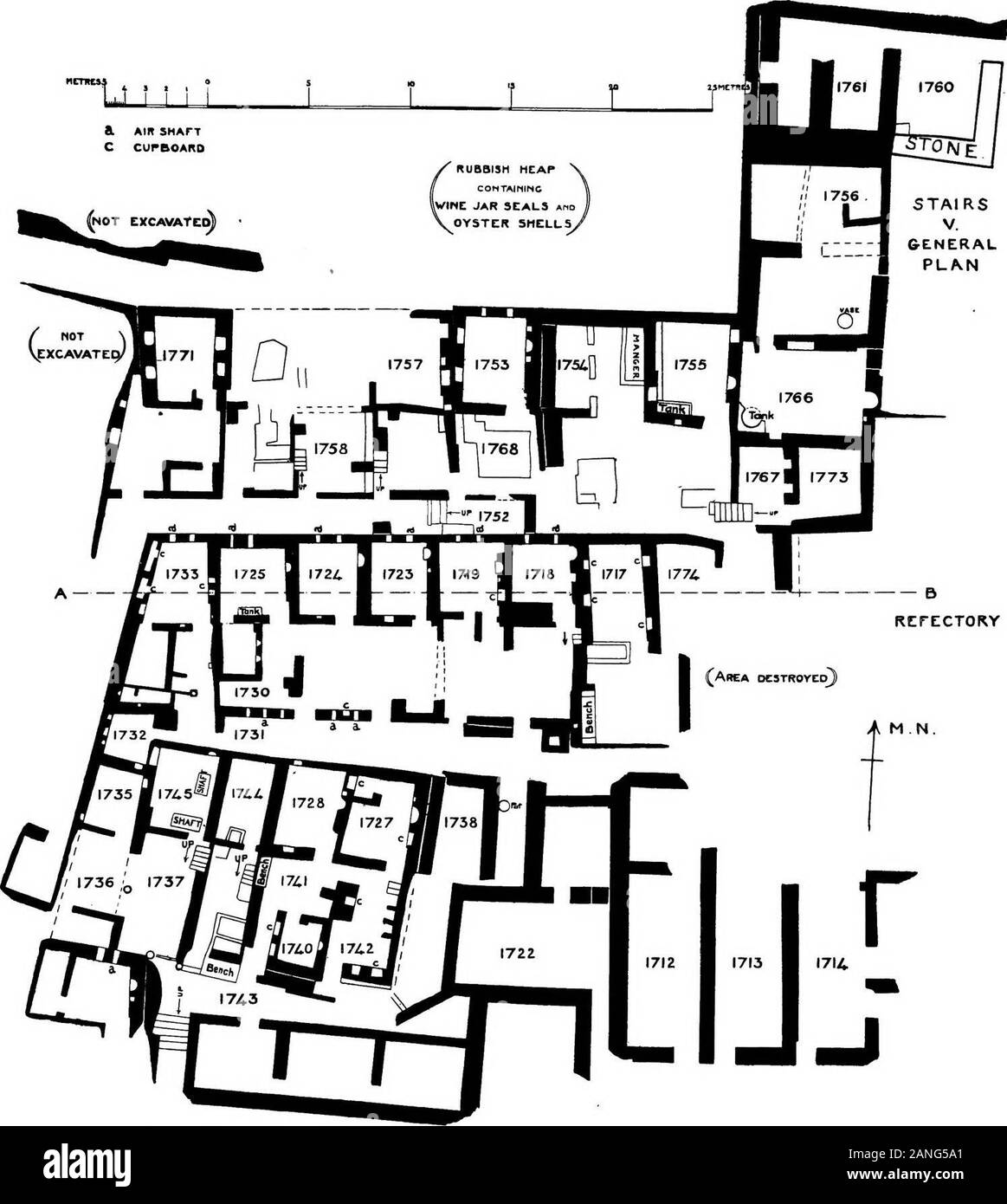 Ausgrabungen von Sakkara (1908-9, 1909-10): Das Kloster von Apa Jeremias. 3 TERIE. Ausgrabungen in Sakkara, T. IV. PI. II. L... I.... I I I I LL-l l 4 i L. Abschnitt A-B N. W. ABSCHNITT DES KLOSTERS zu planen. Floar" | w W";"": Zu&gt; AUSGRABUNGEN IN SAKKARA, T. IV. PI. Kranke Stockfoto