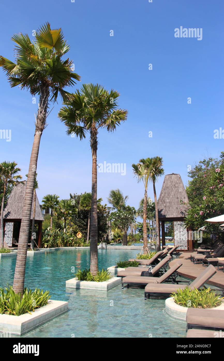 Schwimmbad mit Palmen in der tropischen Luxus Resort, Bali Stockfoto