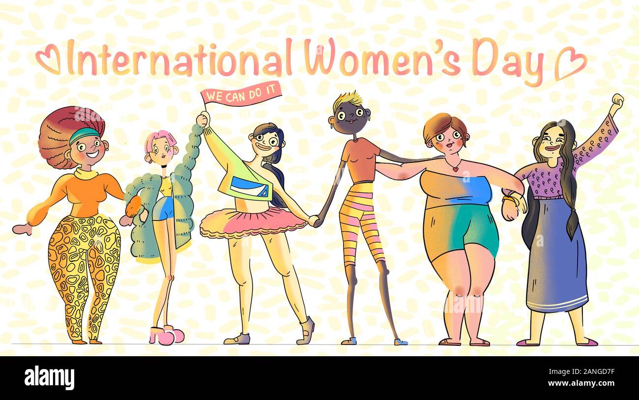 Internationaler Frauentag. Niedlich, Karikatur Illustration mit Frauen verschiedenen Nationalitäten und Kulturen. Kampf für Freiheit, Unabhängigkeit, Gleichheit. Stockfoto