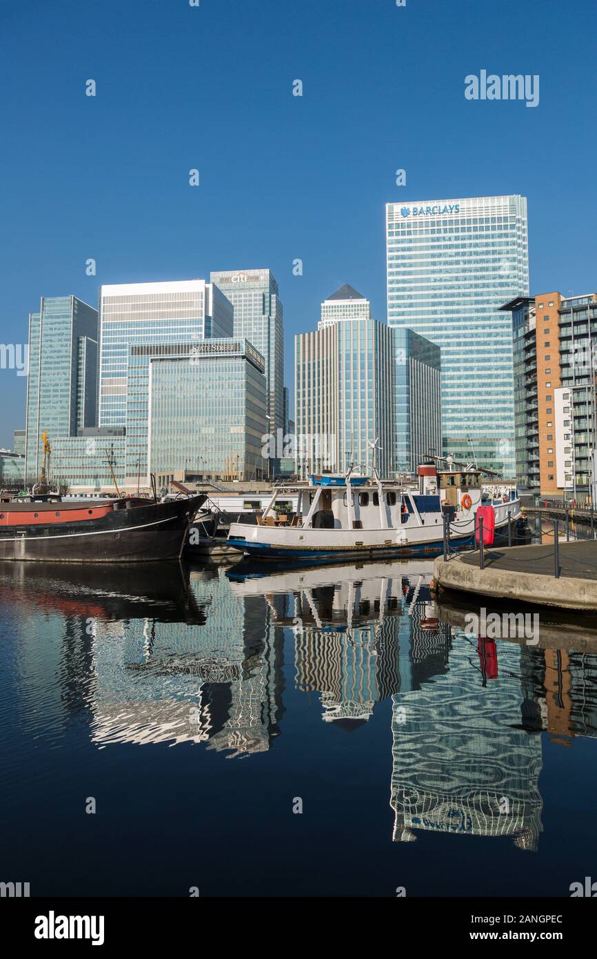 Canary Wharf Skyline, Finanzdistrikt, Bürogebäuden, London, England Stockfoto