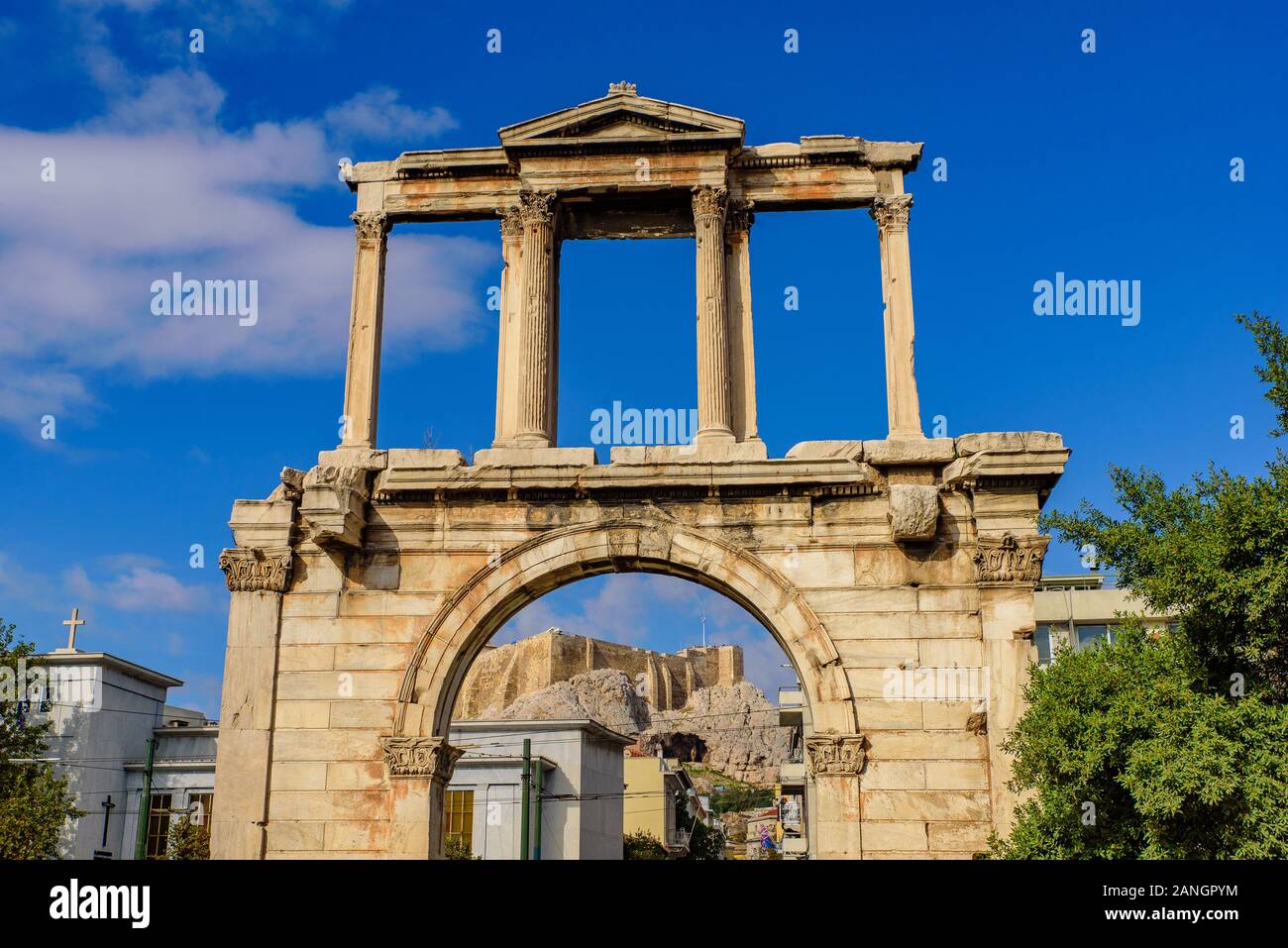 Hadriansbogen (das Hadrianstor), ein römischer Triumphbogen in Athen, Griechenland Stockfoto