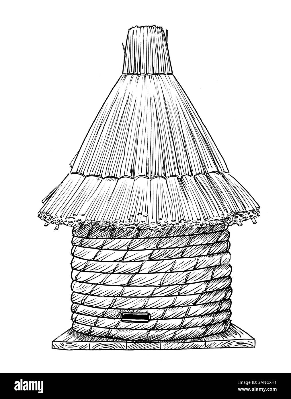 Zeichnung der alten Art Bienenstock aus streuen. Skizze des eekeeping Equipement, schwarze und weiße Abbildung Stockfoto