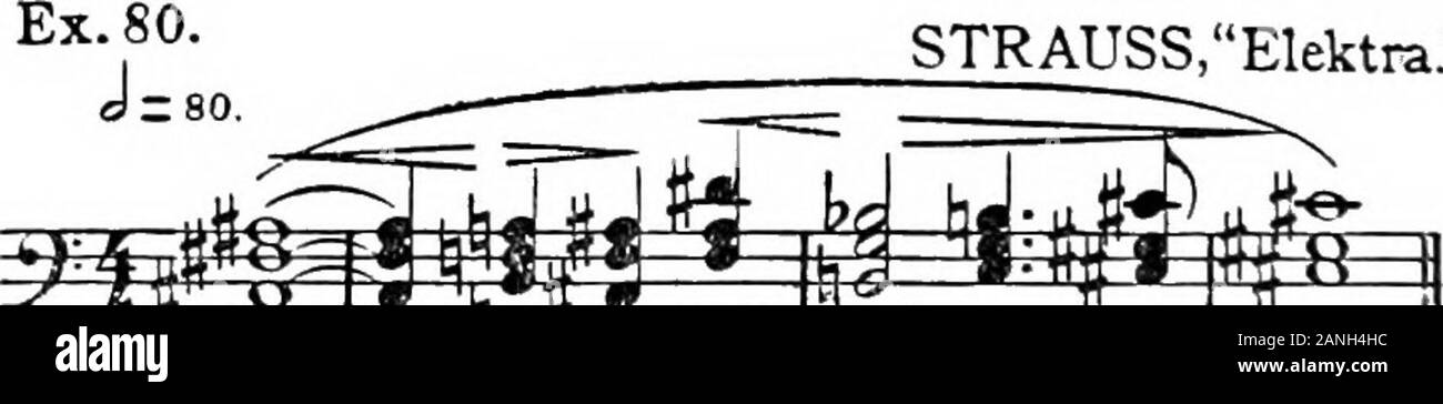 Moderne Harmonie, seine Erklärung und Anwendung. ""^W0V 0m p^Ü-l^ sL^m^ii j^ wieder, können wir außerhalb der diatonische Bereich für eine der thenewer Akkorde nur fahren, oder für zwei am meisten, immediatelyreturning entweder zu den gleichen Akkord, oder zu einem anderen bekannten Harmonie. Dies wird in den folgenden Beispielen: Ex.79. Largo Sostenuto. 9^^ ich VAUGHAN-W1 LLIAMS, ein Meer Sinfonie? (Schema) rt i i^?^ (Orch.)/;/?: 3^ppp-pp-ppp Ich *^^ bi 3 - 5^^: l,^ Strauss, Elektra.. • ^ = 11!: "r? F r "rj STRAUSS, Elektra? Stockfoto