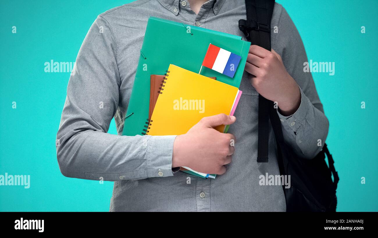 Student Notebooks mit French Flag, internationale pädagogische Programm Stockfoto