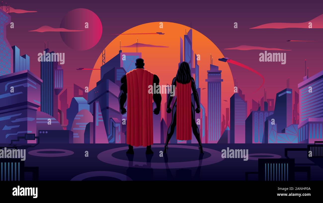 Superhelden Paar in der futuristischen Stadt Stock Vektor