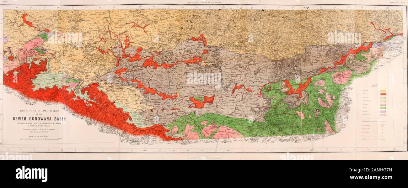 Abhandlungen der geologischen übersicht von Indien. . • 95 I I 11 2228619 in. ft. 8 0 15 0 2 0 1 OTAL 161 (232) T. G. STEWART, zuständig für Langweilig, Hetvah Kohle Erkundungen.. Anhang: Langweilig. 97 Kdlesar - Rewah Zustand.. 7 A. begonnen.... beendet. Kohle schlug bei 135 jfeet aus ^ Oberfläche. 17. März 1882.30 th April 1882. 1. Dunkel-braune Oberfläche Boden 2. Sand und Sandstein f brownmottledred. yellowwhite? reyL shaly 3. Sandstein, kohlenstoffhaltige, shaly 4. "Graue 5. "Kohlenstoffhaltige 6. Sandstein, grau. 7. "Kohlenstoffhaltige 8. "Graue 9. Kohle 10. Sandstein, kohlenstoffhaltige 11. Kohle ft. 16 in. Insgesamt 0 • 78 0 Stockfoto