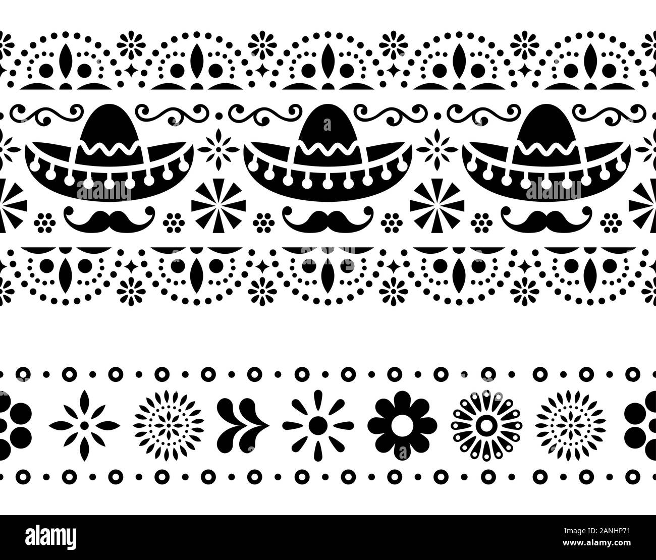 Mexikanische nahtlose Vektor Muster mit Sombrero, Schnurrbart und Blumen - Textil, Tapeten Design Stock Vektor