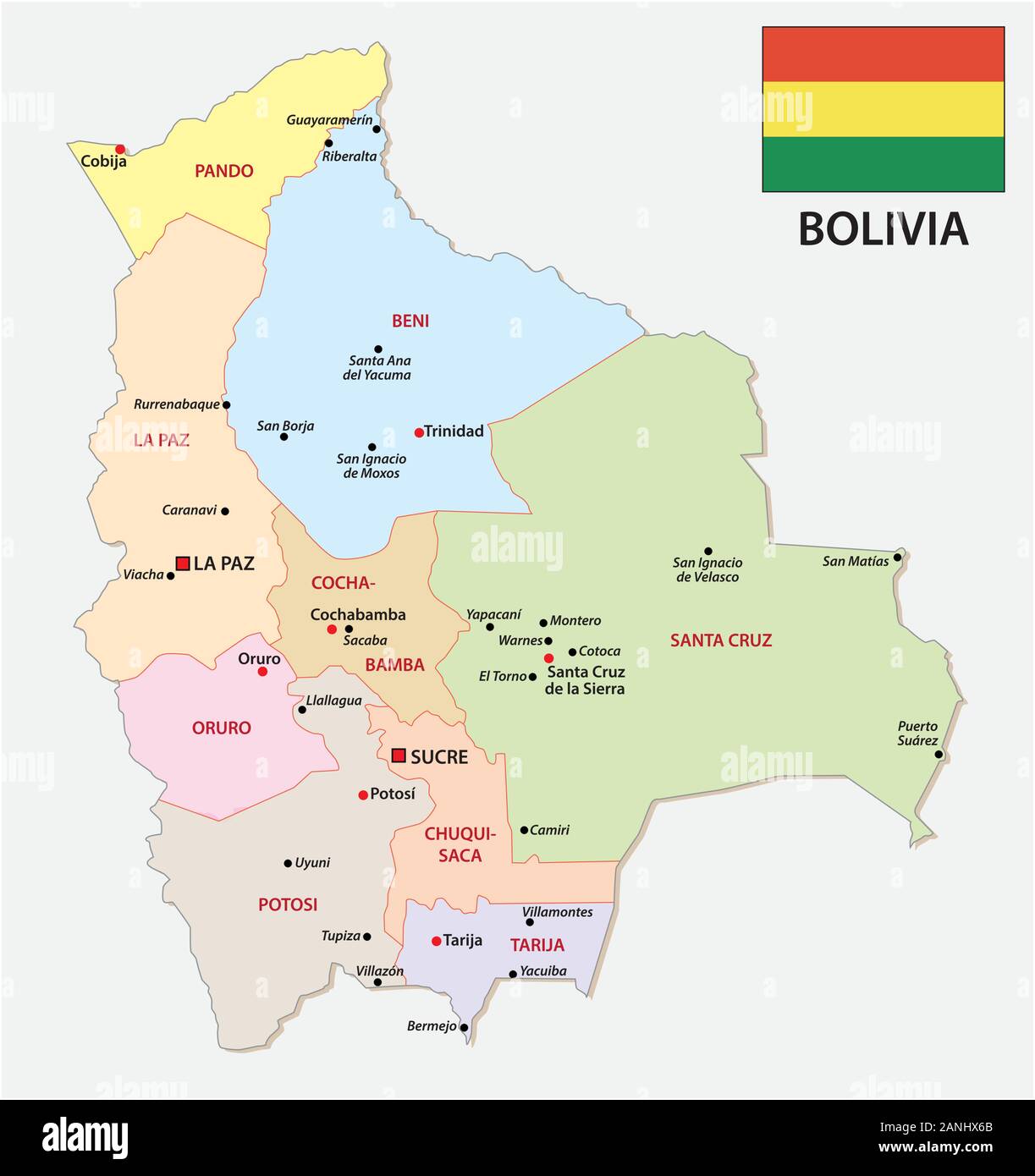 Bolivien administrative Karte mit Fahne und den wichtigsten Städten Stock Vektor