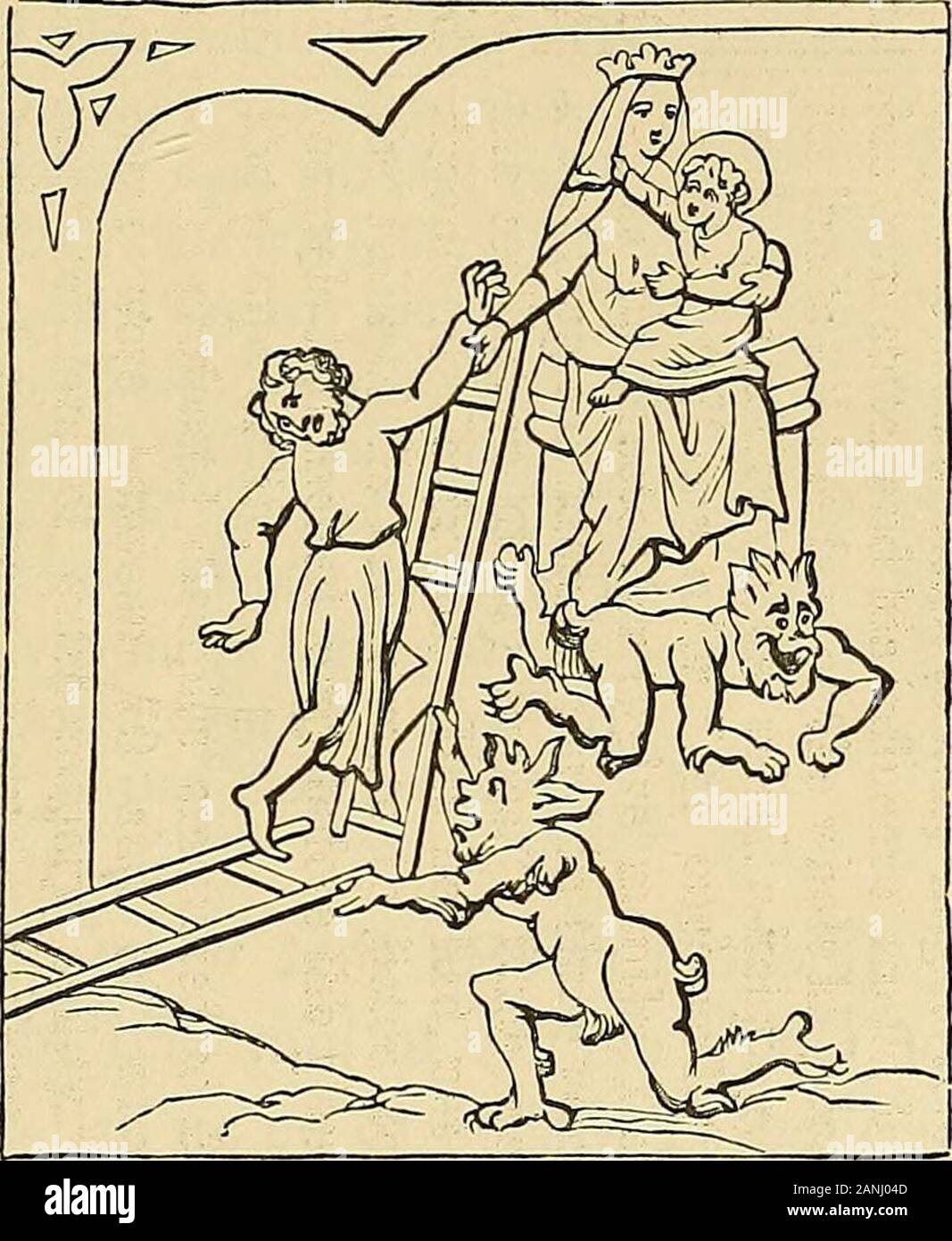 Die Dämonologie und Teufel - Lore. alle menacesof Letztere, die entschlossen ist, eine schreckliche Rache zu nehmen. Solangedie Artist war seine Verzierung des abbeywith ein Bild der Jungfrau abschließen, wie schön wie die fiendnear es hässlich war, der Teufel brach die Leiter, an dem er arbeitet, und einem tödlichen Sturz war nur von thehand der Madonna verhindert er gerade gemacht hatte, die wasoutstretched, um ihn zu unterstützen. Die begleitenden pictureof diese Szene (Abb. 16) ist von der Queen in den MarysPsalter BritishMuseum. Vasari bezieht sich thatwhenSpinello von Arezzo, in seiner berühmten Fresko der Fall Der rebelliousangels, Pai hatte Stockfoto