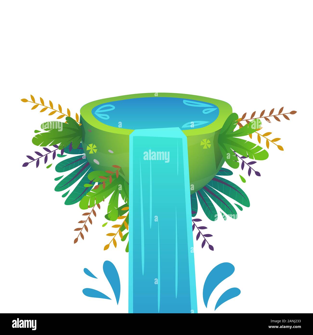 Die Hälfte Planeten mit Wasser und fröhlichen Pflanzen und Blumen. Wasserfall Konzept mit Splash fällt. cartoon funny cute Abbildung isoliert auf weißem Stockfoto