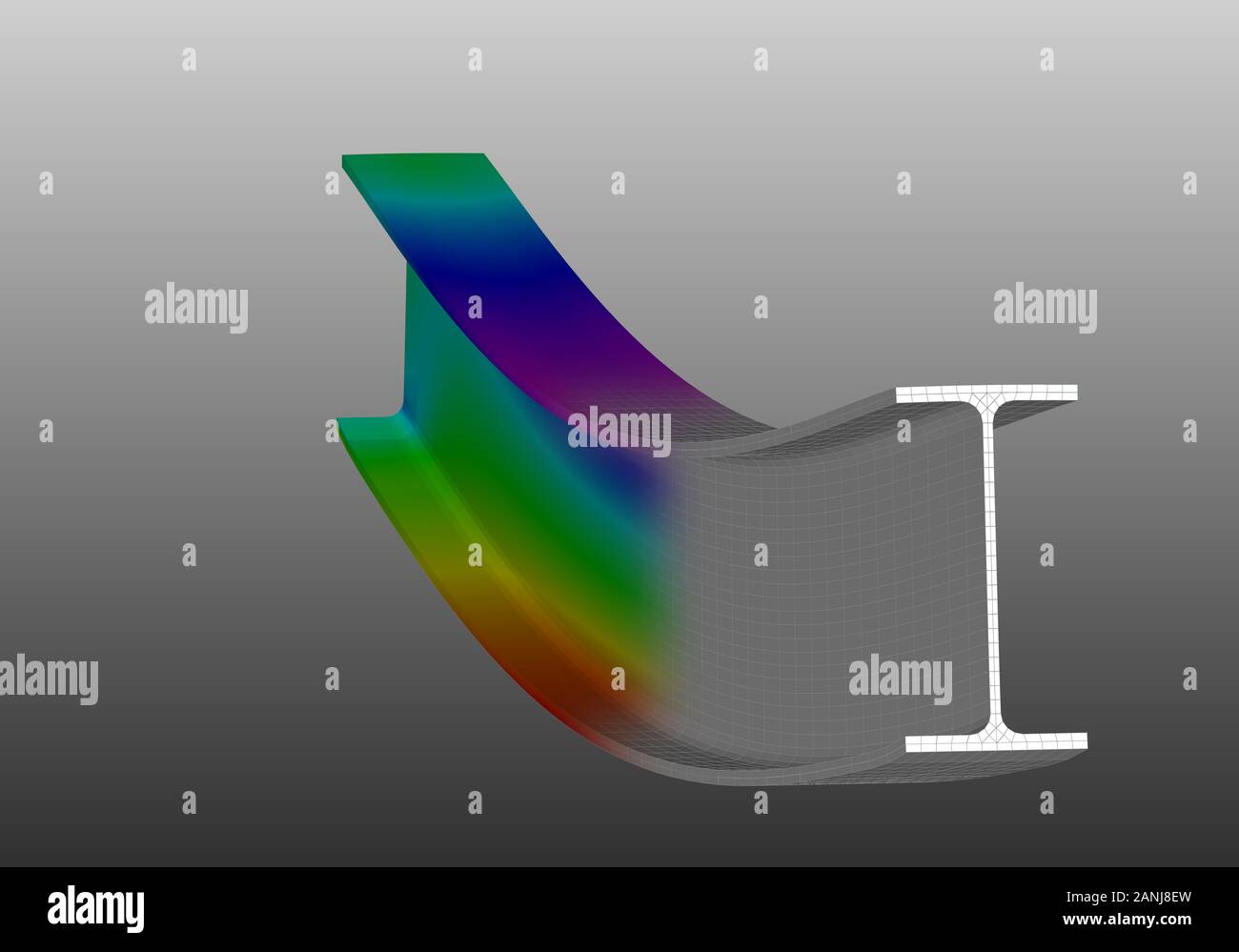 Ein einfaches, unterstütztes Biegen des I-Strahls. 3D-Ansicht der Netzverformung und Darstellung normaler Spannungen aus der Finite-Elemente-Analyse auf grauem Gradienten im Hintergrund Stockfoto