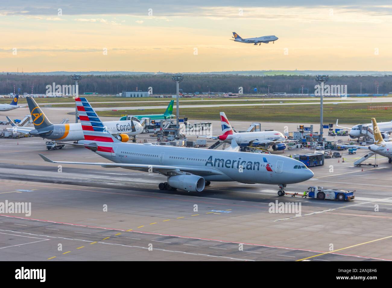 Airbus A330 der American Airlines in den Flughafen nach hinten ziehen. Frankfurt am Main, Deutschland 17. Dezember 2019 Stockfoto