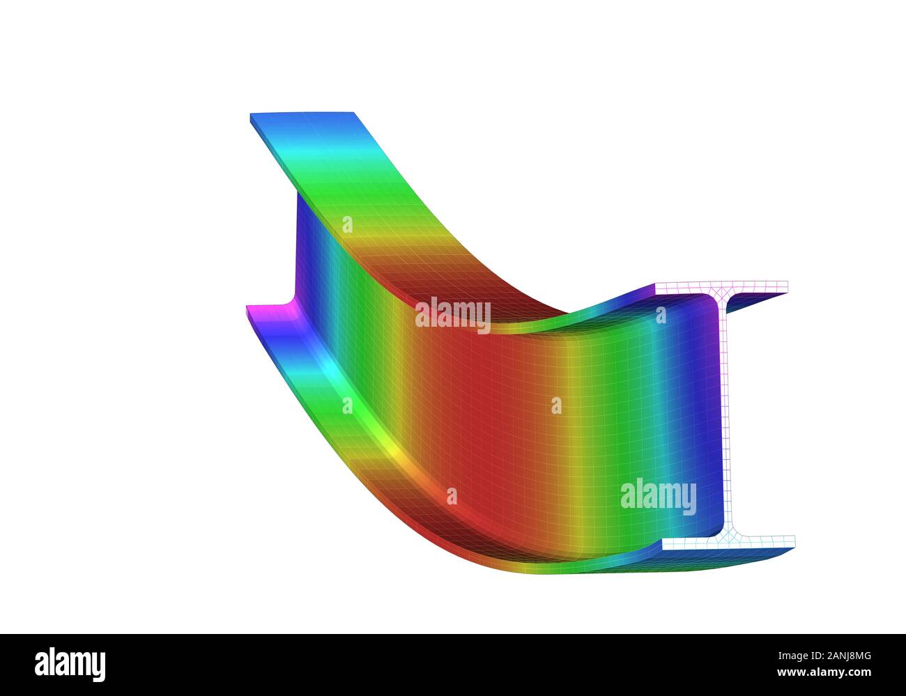 Ein einfaches, unterstütztes Biegen des I-Strahls. 3D-Ansicht der Netzverformung und Darstellung von Auslenkungen aus der Finite-Elemente-Analyse auf weißem Hintergrund Stockfoto