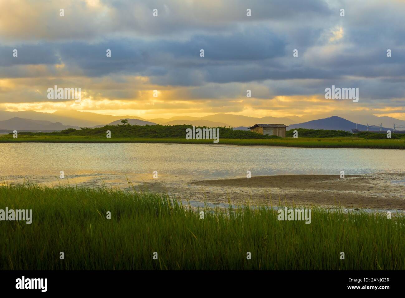 In der Abenddämmerung mit bewölktem Himmel in der Nähe eines Sees hacken. Stockfoto