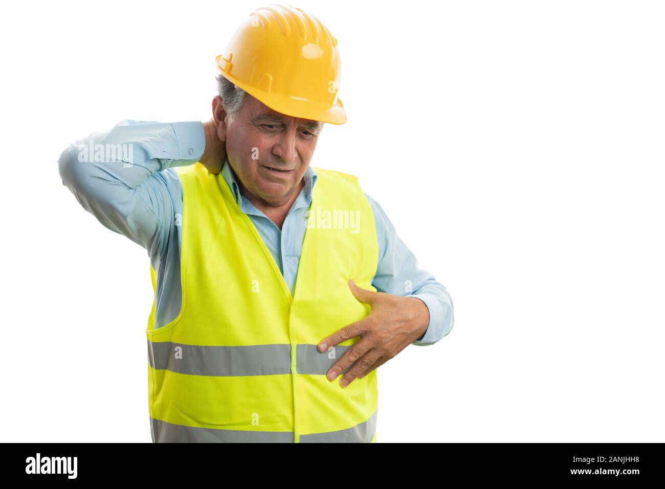 Alte builder Mann mit Muskelschmerzen Berührung des Halses auf weißem studio Hintergrund isoliert Stockfoto