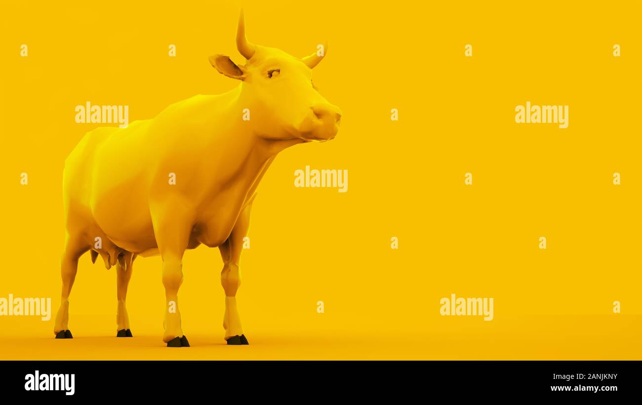 Kuh isoliert auf gelbem Hintergrund. Minimales Ideenkonzept, 3D-Darstellung. Stockfoto