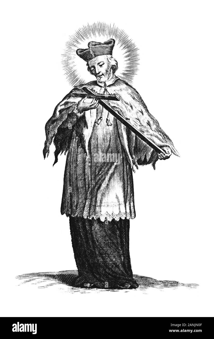 Antique vintage religiöser Gravur oder Zeichnung der heilige Mann in Priester Kleidung holding Kreuz. St. Johannes von Nepomuk oder Nepomuk. Abbildung aus Buch sterben Betrubte und noch Ihrem beliebten..., Österreich, 1716. Artist ist unbekannt. Stockfoto