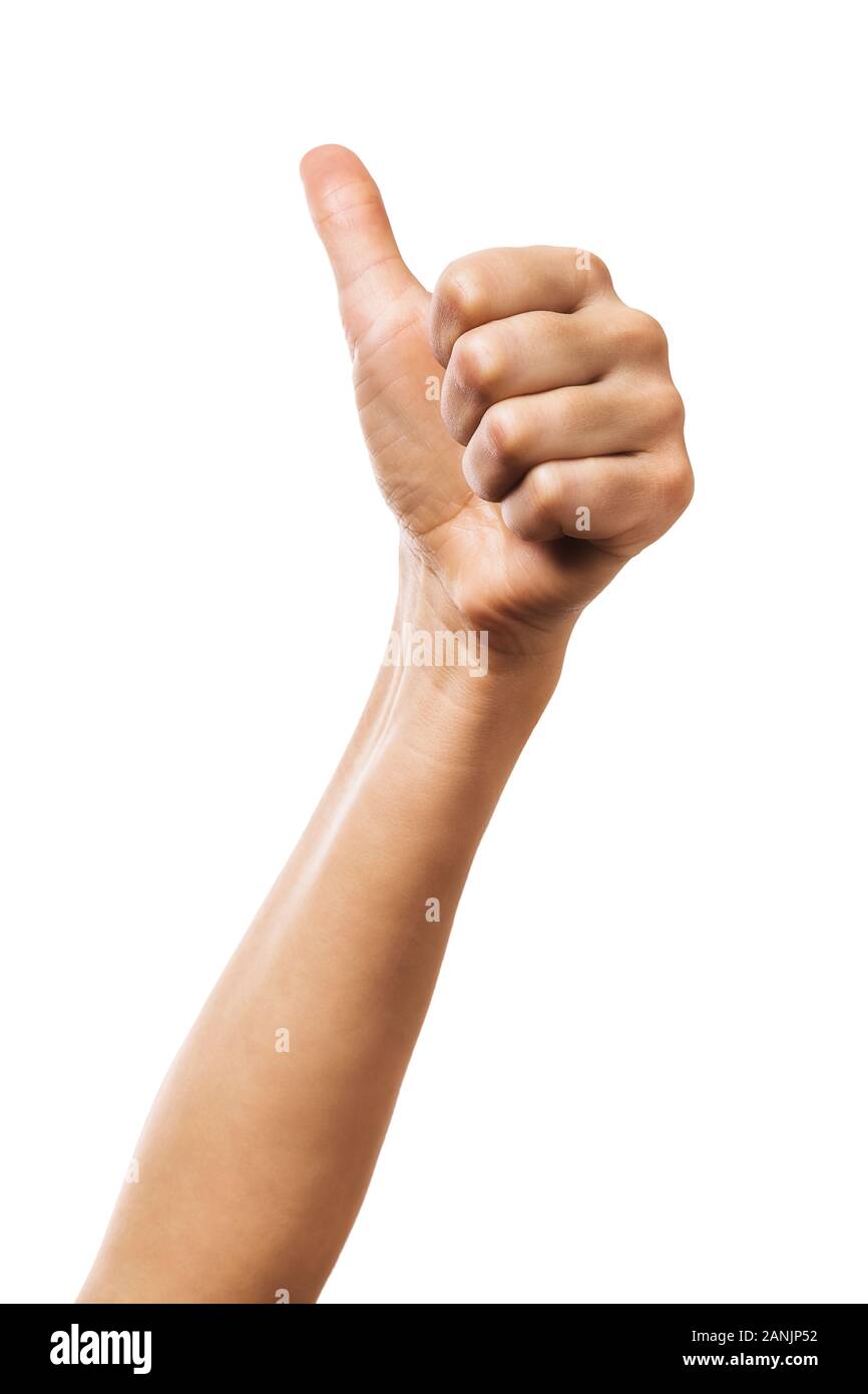 Hand mit Daumen hoch, auf einem weißen Hintergrund. Symbol der Genehmigung und Zustimmung Stockfoto