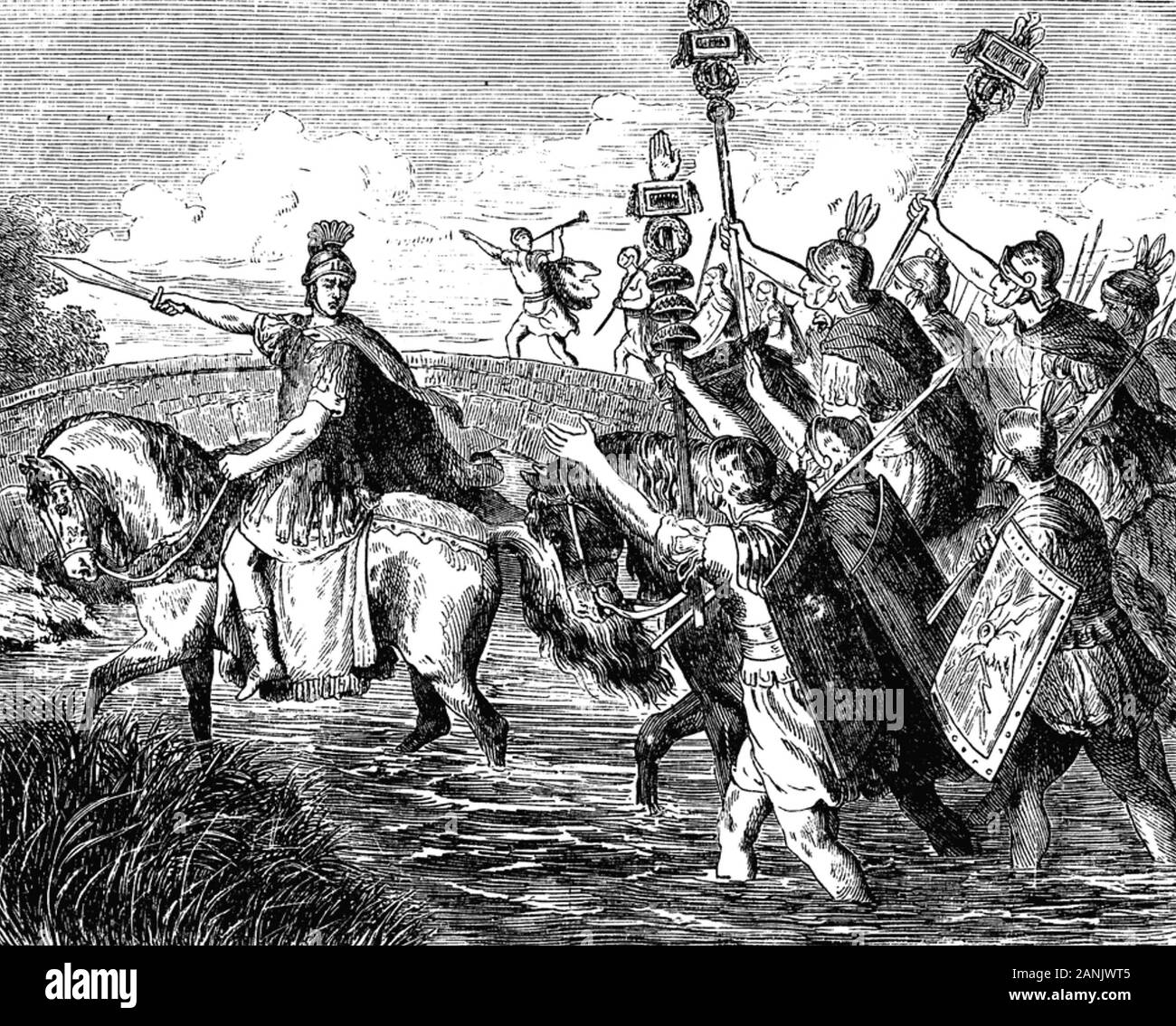JULIUS CAESAR KREUZUNG THER RUBICON mit der 13. Legion im Januar 49 v. Chr. Stockfoto