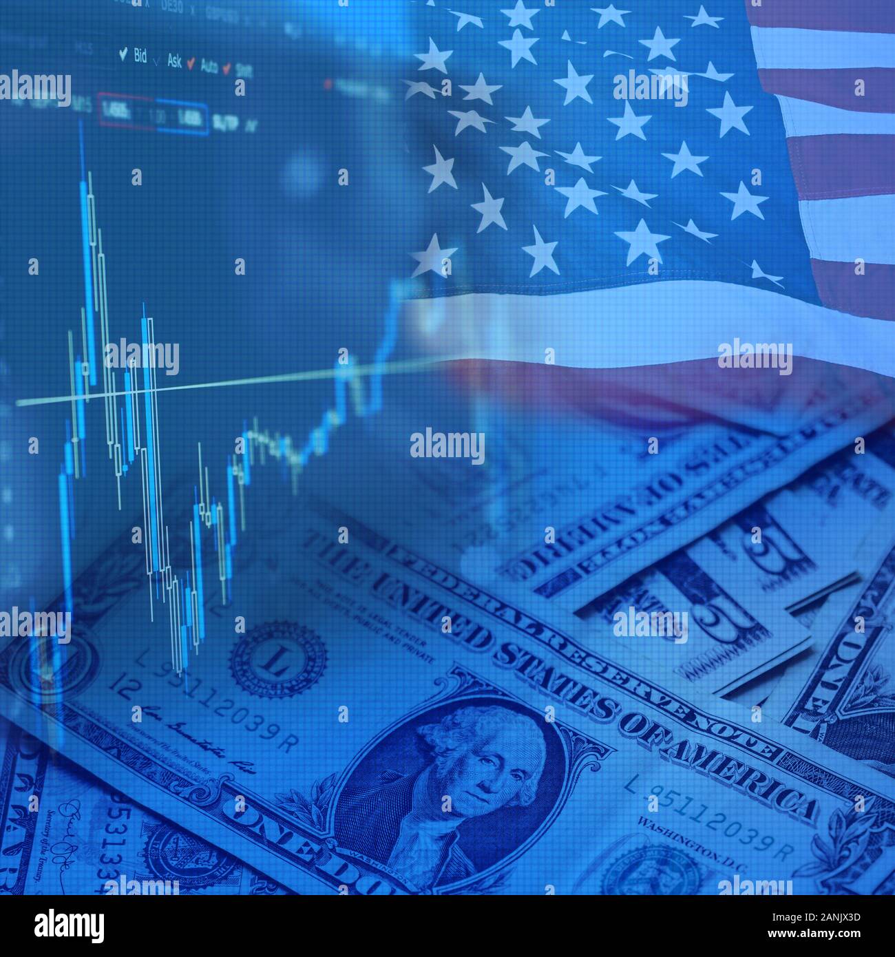 Der US-Dollar. Börse. Währung Markt. US Flag. Börse Chart. In den Vereinigten Staaten. Ein Dollar. Stockfoto