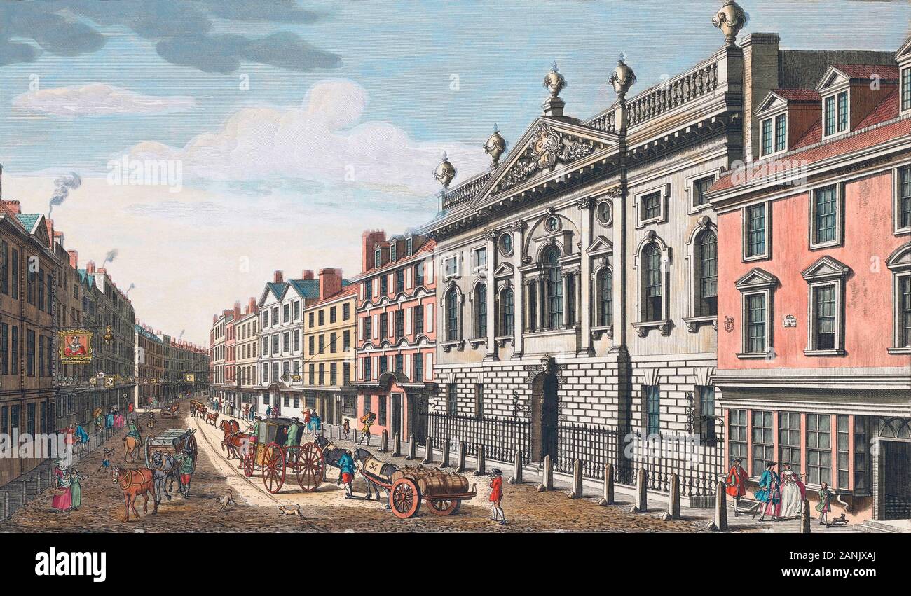 Eisenwarenladen Halle mit Blick auf Fenchurch Street. London, England. Nach einem Drucken vom 1753 von einer Arbeit von John Donowell. Von Robert Sayer veröffentlicht. Später einfärben. Stockfoto