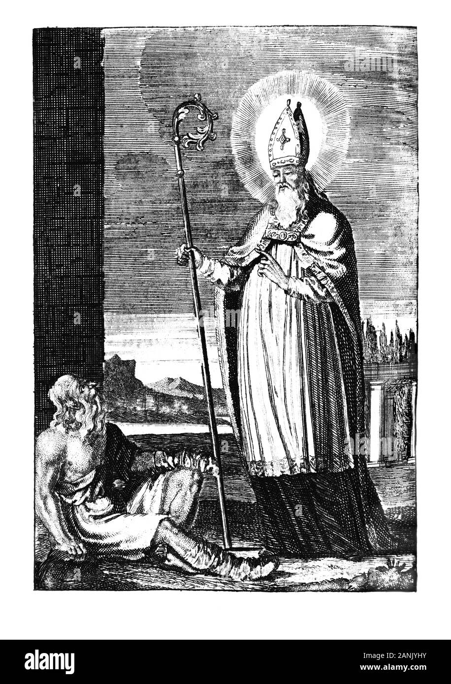 Antique vintage religiösen allegorische Gravur oder Zeichnung des Christlichen heiligen Mann saint Stapin. Abbildung aus Buch sterben Betrubte und noch Ihrem beliebten..., Österreich, 1716. Artist I.I. Wolff. Stockfoto