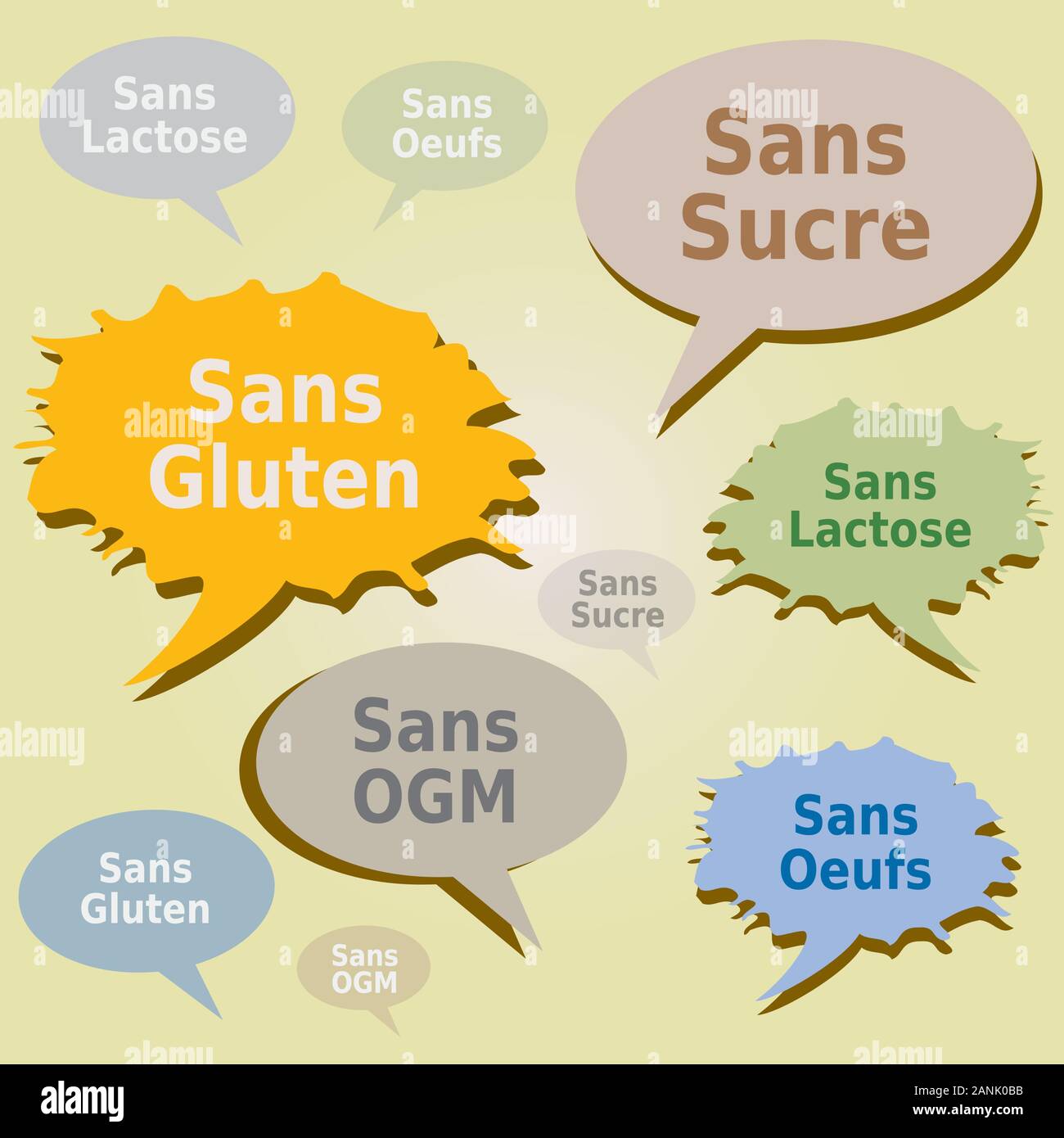 Dialogfelder und Tags zu Lebensmittelallergien. Etiketten ohne Gluten, Zucker, Laktose, Eier und GVO in französischer Sprache Stock Vektor