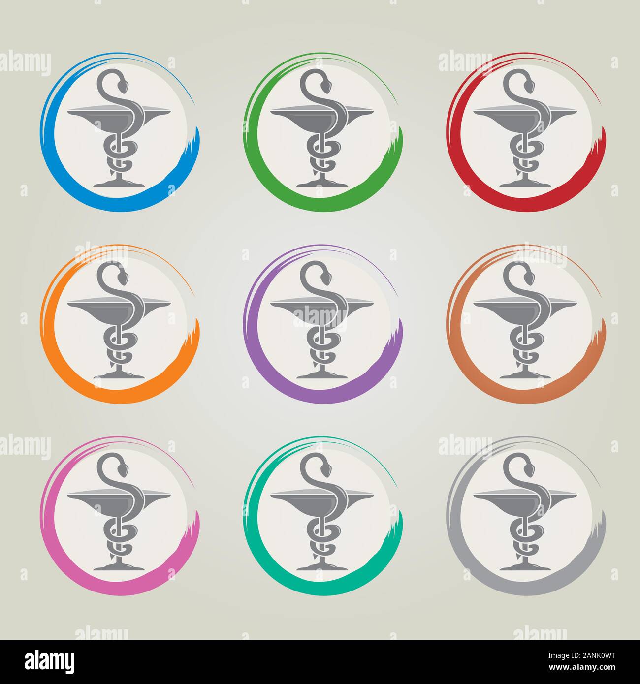 Set mit Neun Symbolen mit Caduceus Symbol Mehrfarbig - Gesundheit/Pharmazie Stock Vektor