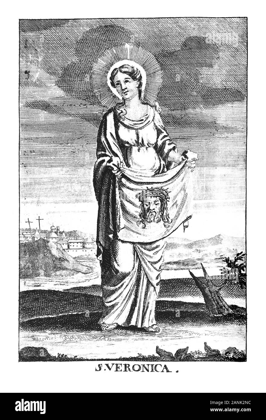 Antique vintage religiösen allegorische Gravur oder Zeichnung des Christlichen Heiligen Frau saint Veronica oder Berenika mit Bild von Jesus auf Tuch. Abbildung aus Buch sterben Betrubte und noch Ihrem beliebten..., Österreich, 1716. Artist ist unbekannt. Stockfoto