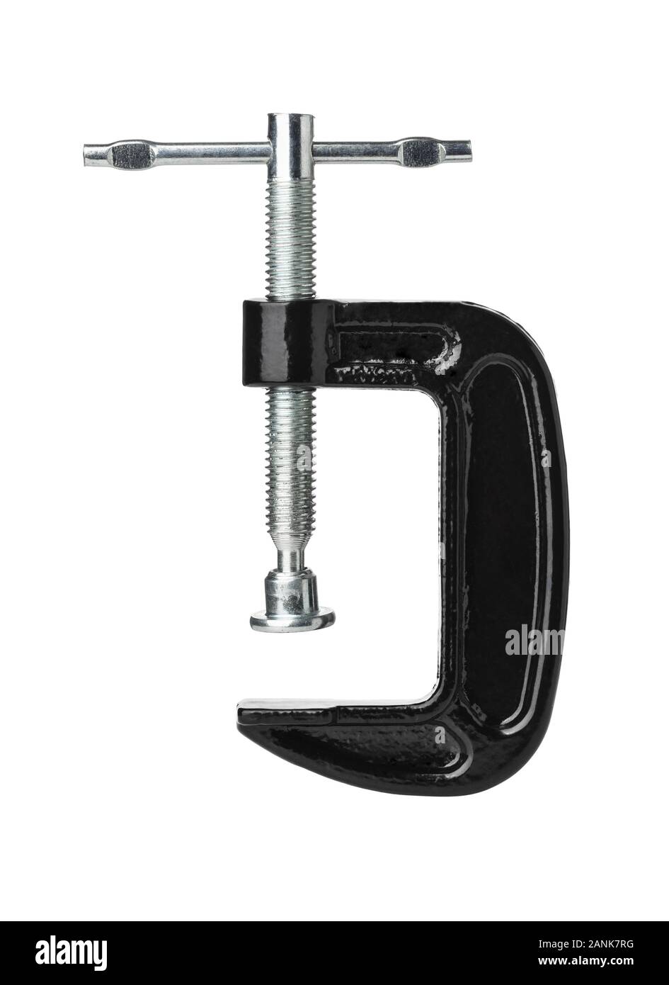 Seitenansicht des Heavy duty Black Metal C clamp isoliert auf weißem Stockfoto