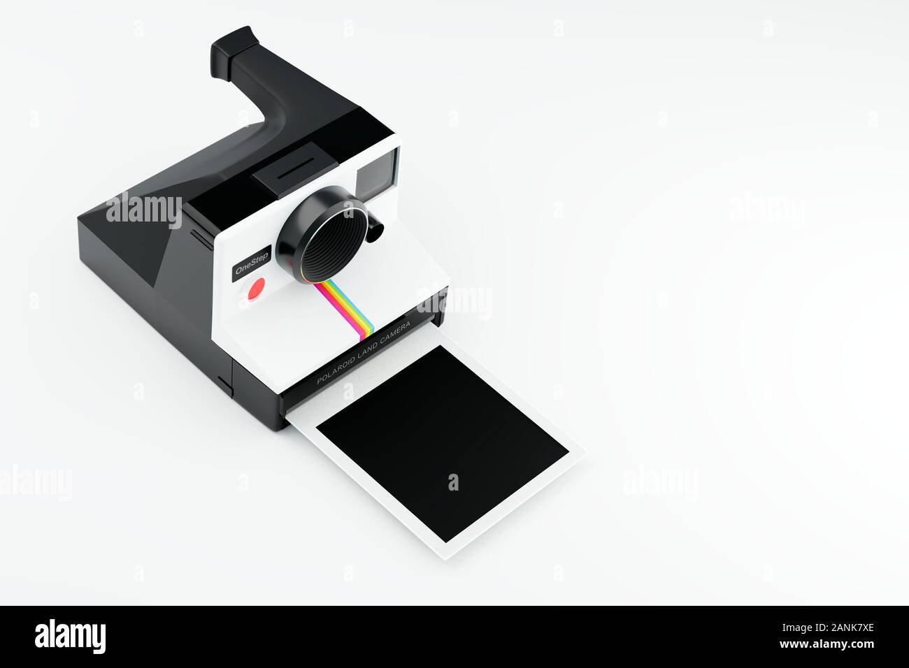 Vintage instant Kamera mit leeren Rahmen, gleichmäßig beleuchtete auf einer sauberen studio Hintergrund. Genaue CGI-Modell in der beliebtesten Polaroid Land Camera einen Schritt auf der Grundlage Stockfoto