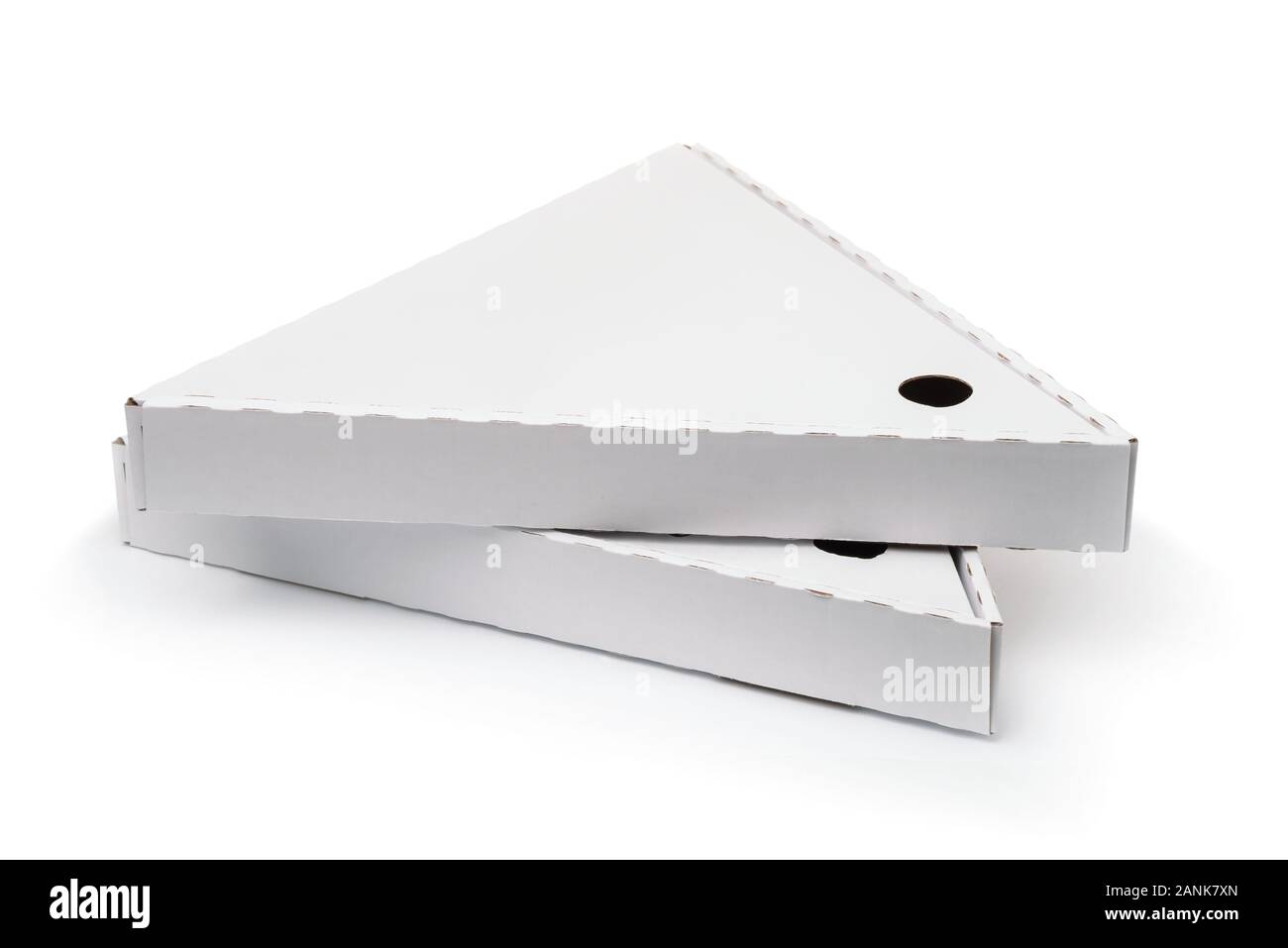Zwei leere Dreieck Verpackung pizza Schachteln isoliert auf weißem Stockfoto