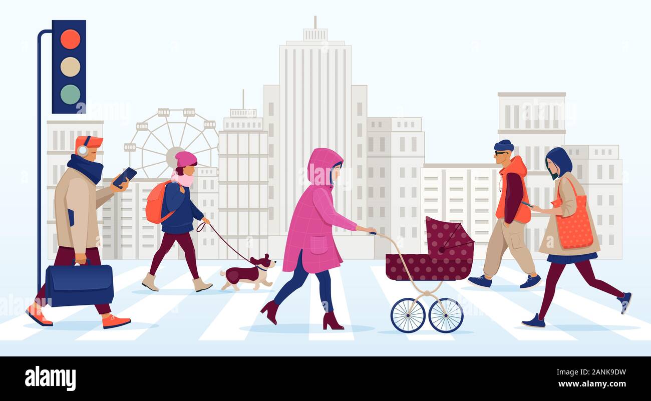 Leute, die auf einem sicheren Fußgängerweg in der Stadt laufen Stock Vektor