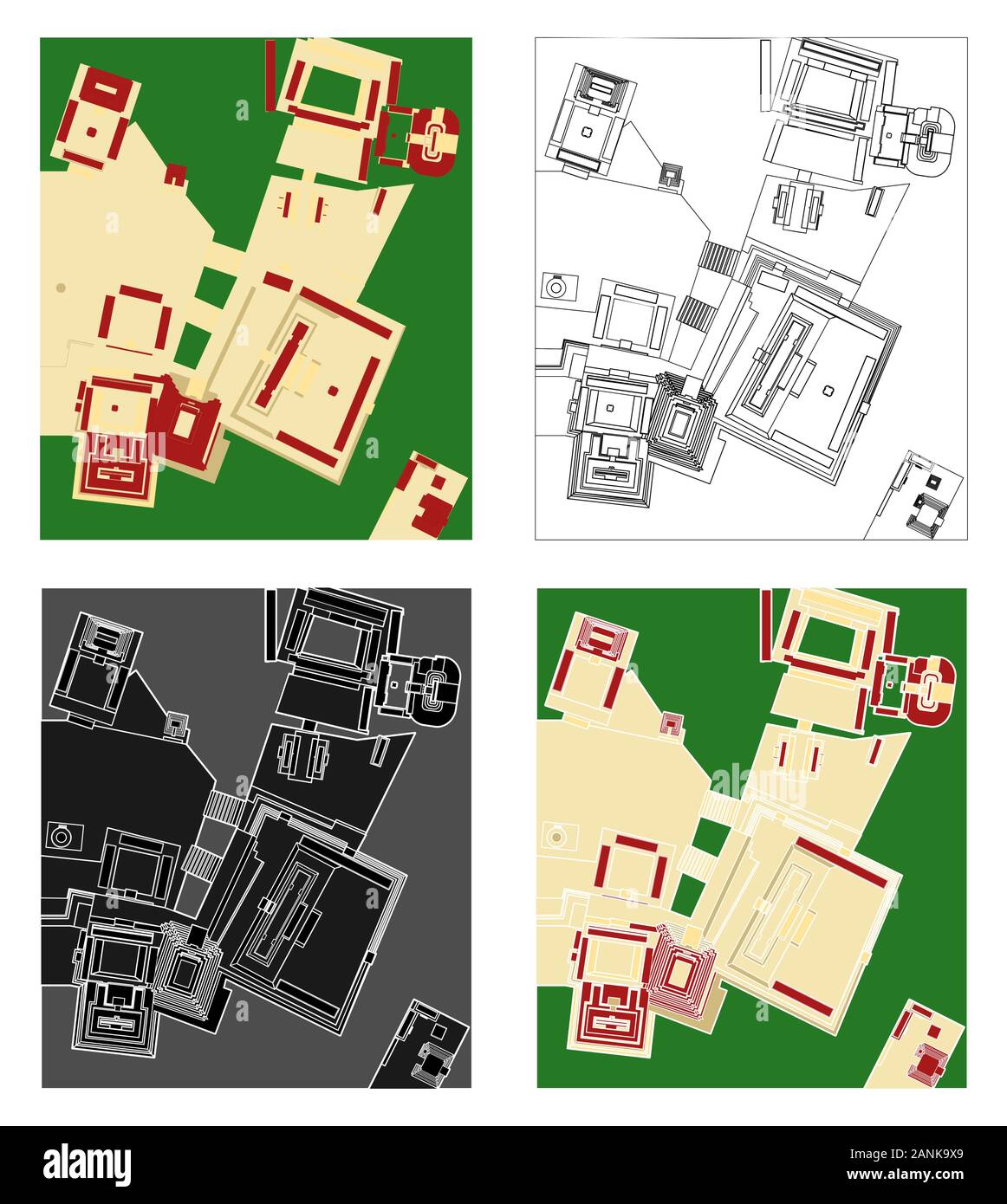 Uxmal archäologische Stätte in der Ansicht von oben Stock Vektor