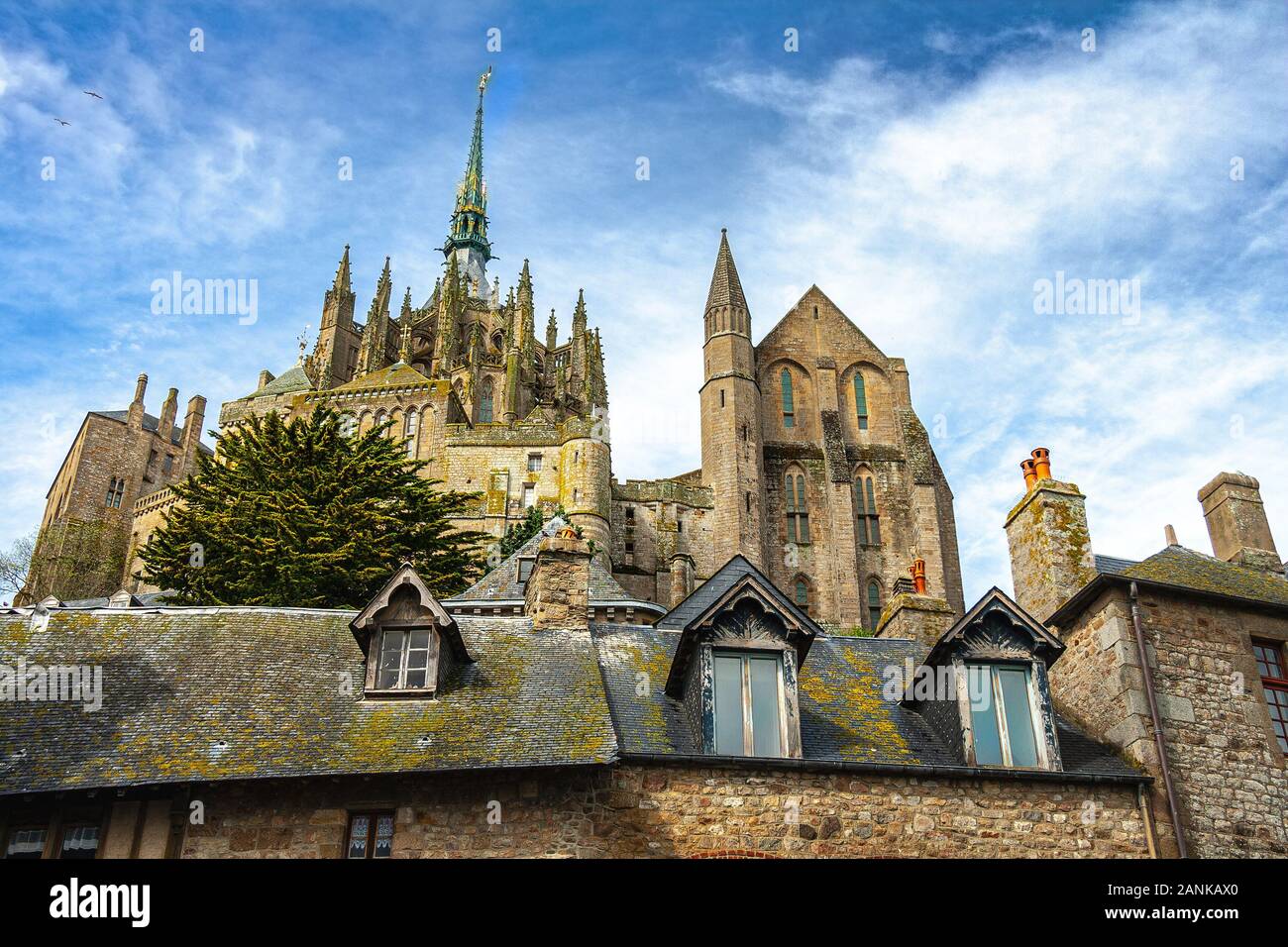 Verkürzung von unten der kirche saint Michel. Normandie, Frankreich Stockfoto