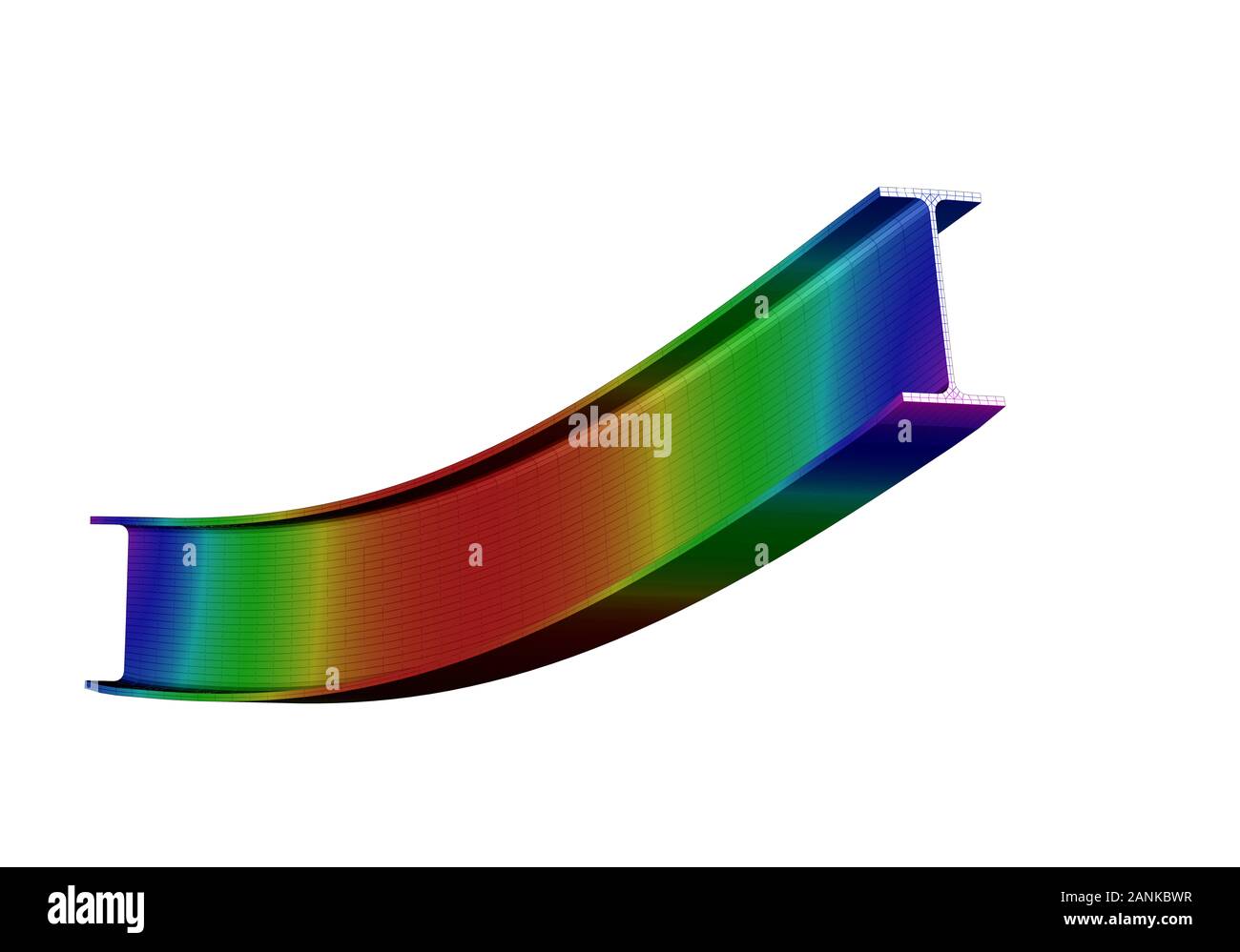 Ein einfach unterstützter I-Strahl. 3D-Ansicht der Netzverformung und Darstellung von Auslenkungen aus der Finite-Elemente-Analyse auf weißem Hintergrund Stockfoto