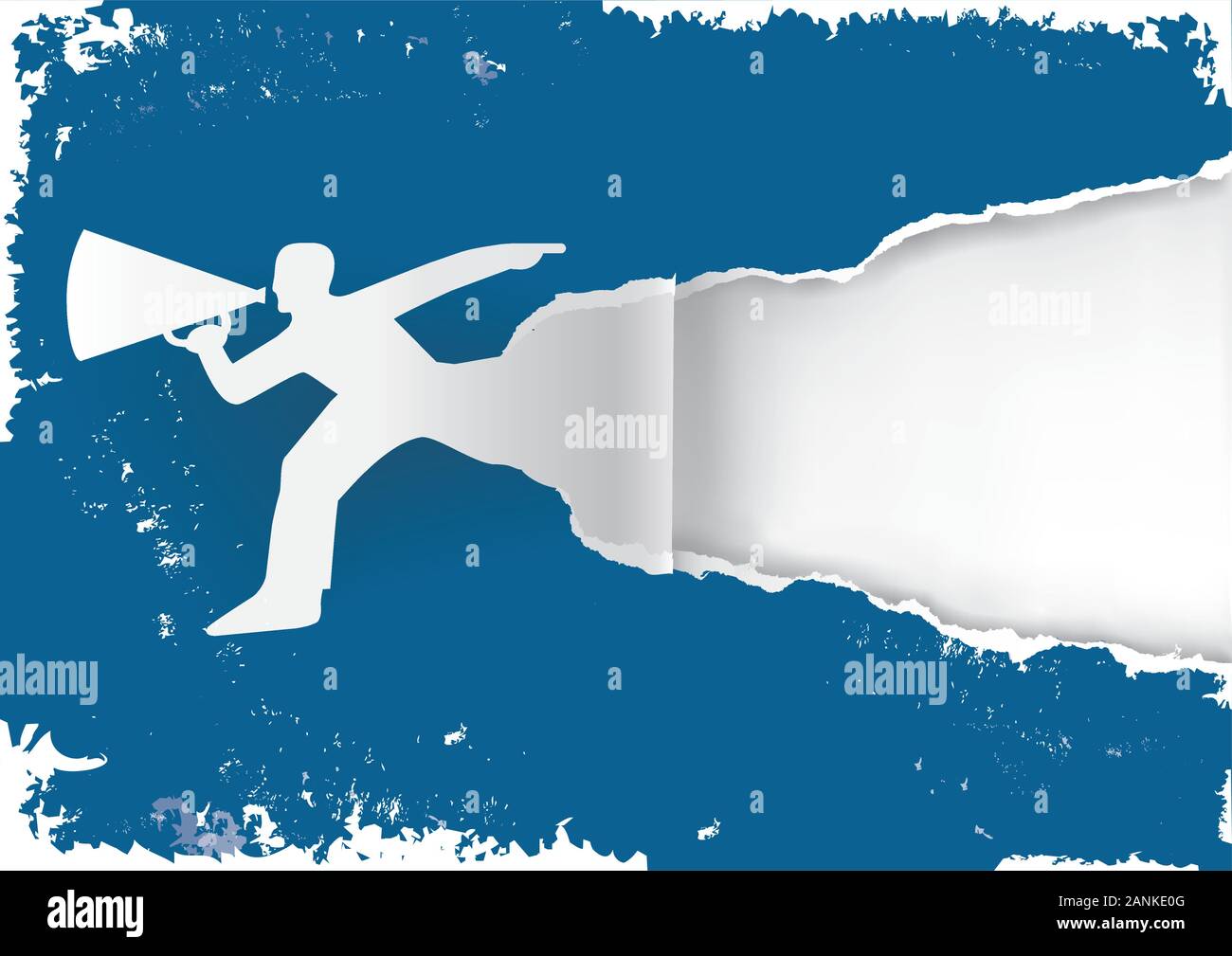 Mann mit Megafon, der blauen Hintergrund aus grunge-Papier reibt. Darstellung des ausdrucksstarken Grunge-Hintergrunds. Geeignet für Originalflieger oder Banner. Stock Vektor