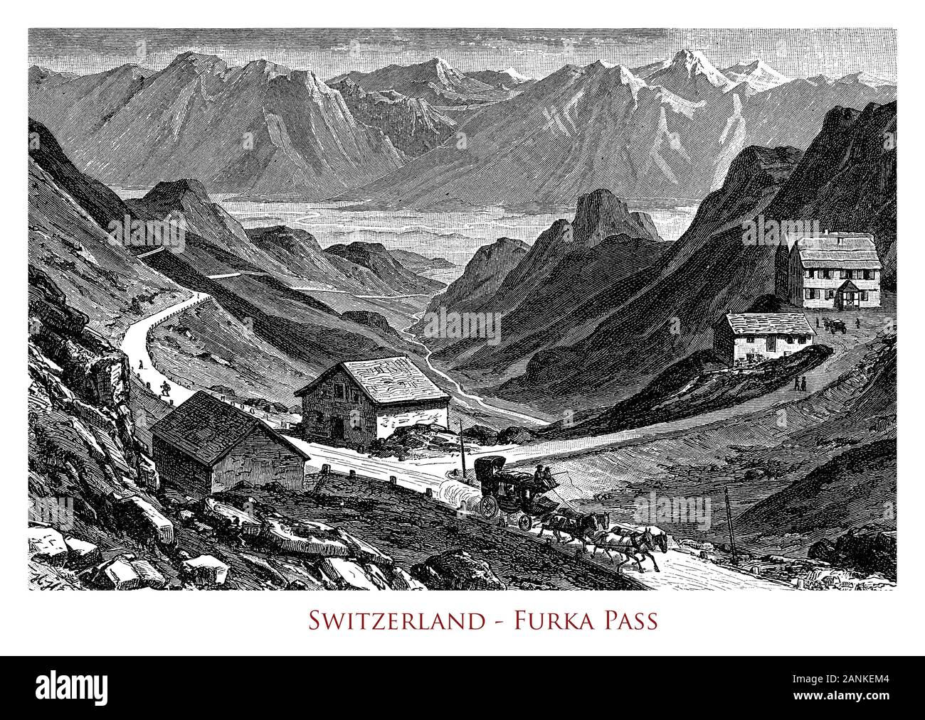 Furka Pass, High Pass der Schweizer Alpen mit einem unvergleichlichen Panorama der Berge, eine kletternde Straße und einer Schutzhütte auf der Oberseite Stockfoto