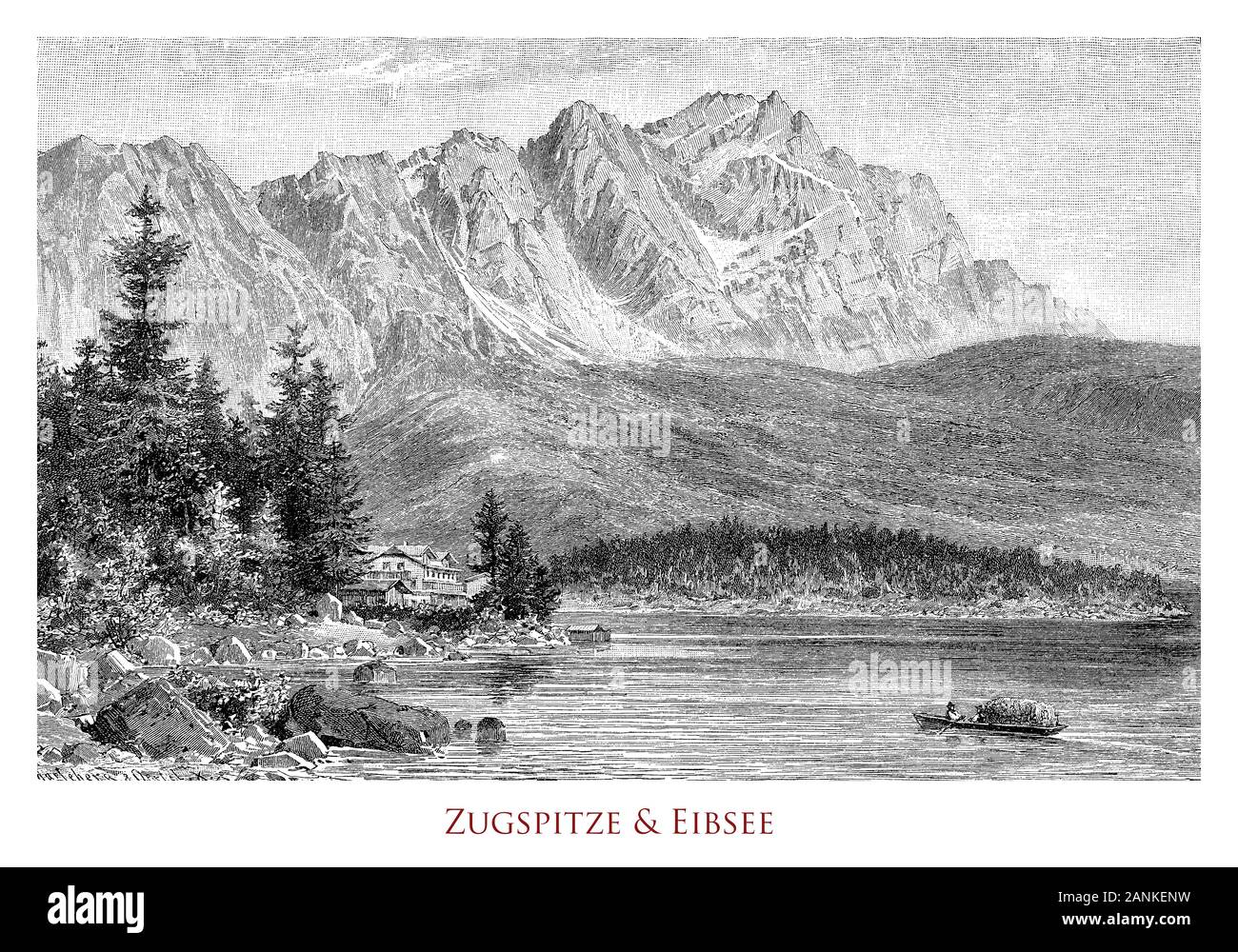 Panoramablick auf den Eibsee bayerischen See am Fuß der Zugspitze, dem höchsten Berg in Deutschland südlich der Stadt Garmisch-Partenkirchen in der Nähe der Grenze zu Österreich - Deutschland Stockfoto